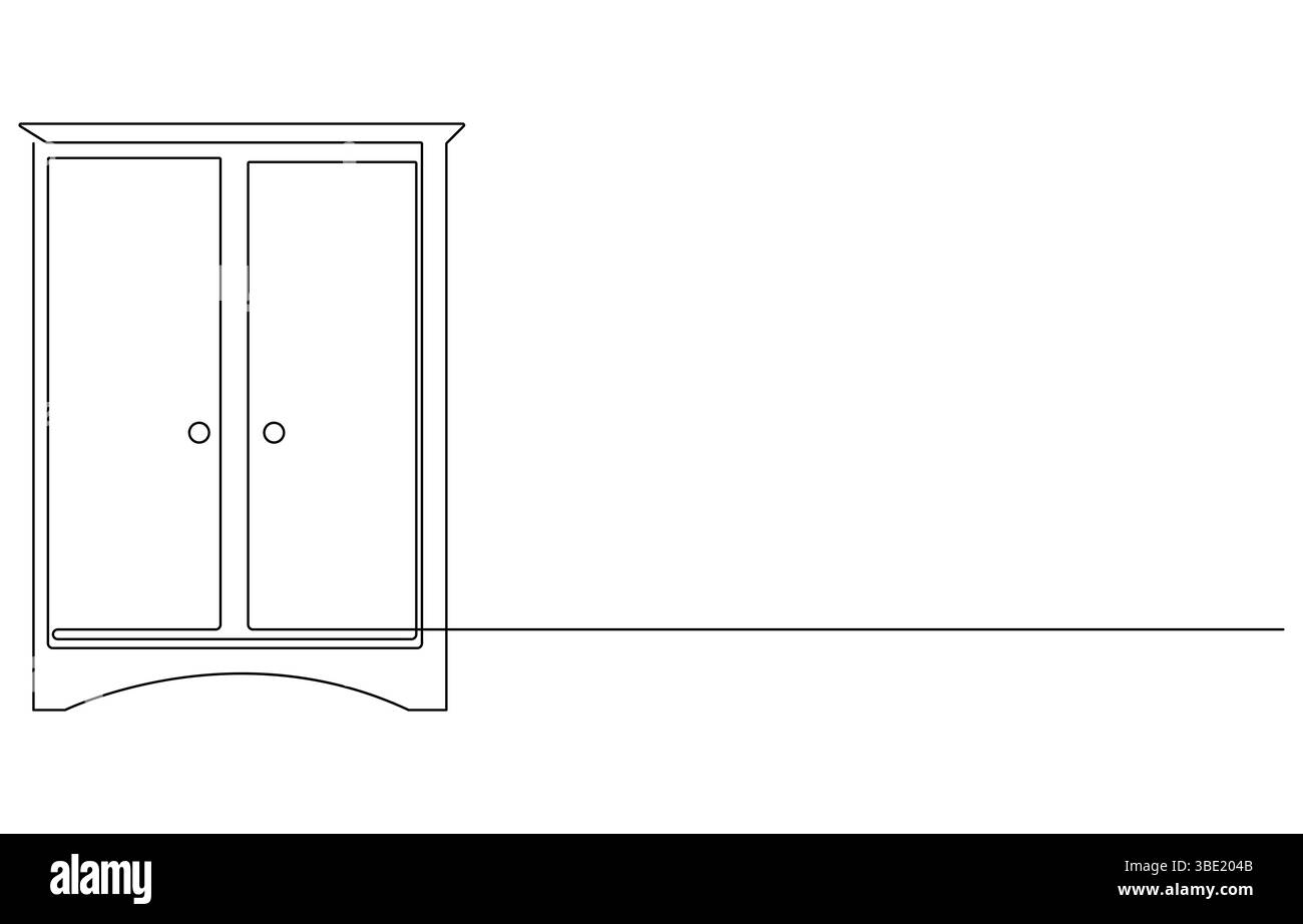 Kleiderschrank oder Schrank mit Regalen. Einzeilige Zeichnung Design Vektor grafische Illustration, flache Garderobe Illustration in einer Vektorlinie gezeichnet. Eine Zeile Stock Vektor