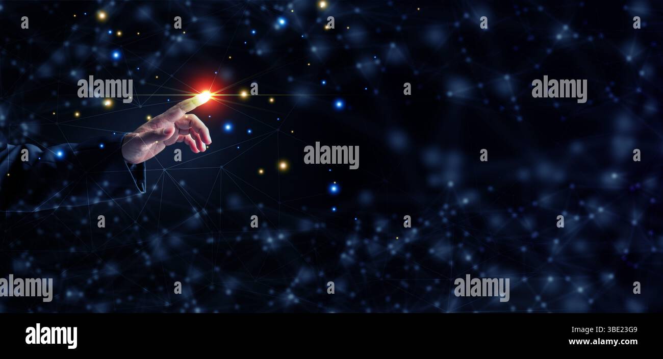 Digitales Netzwerktechnologiekonzept: Die Hand eines Einzelnen interagiert mit digitalen Netzwerken und nutzt diese, um Konnektivität und globale Echtzeit-Kommunikation zu symbolisieren Stockfoto