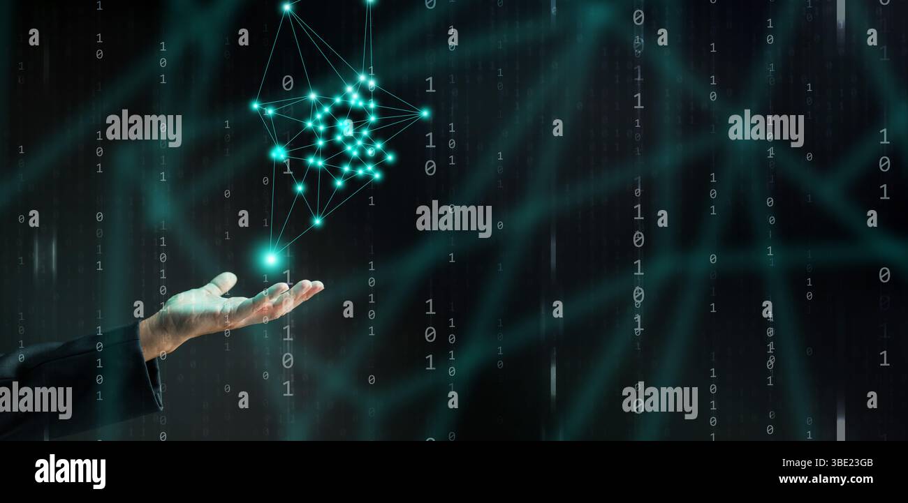 Digitales Netzwerktechnologiekonzept: Die Hand eines Einzelnen interagiert mit digitalen Netzwerken und nutzt diese, um Konnektivität und globale Echtzeit-Kommunikation zu symbolisieren Stockfoto