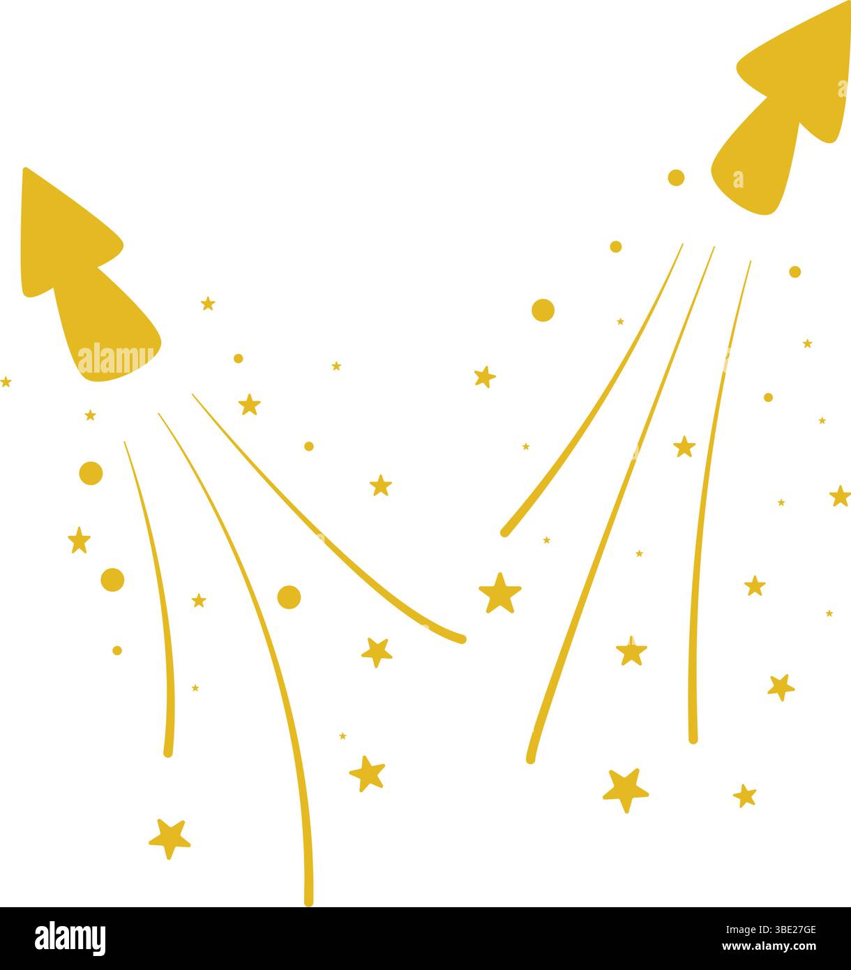 Festlicher Feuerwerkskörper mit Lametta und Sternen-Clip-Art. Feuerwerk-Explosion, goldenes Vektorelement Stock Vektor