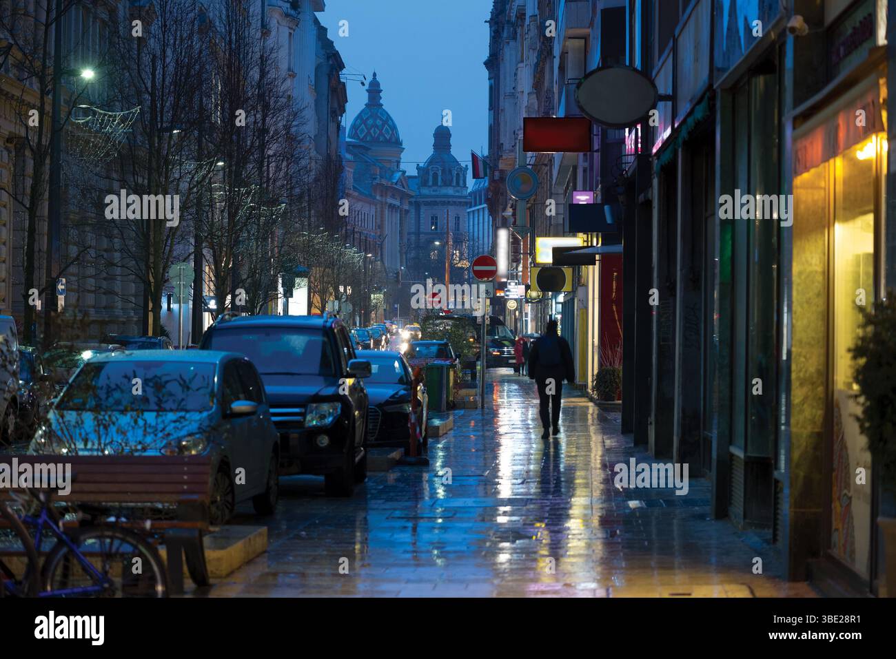Petőfi Sándor Straßenblick bei Nacht im Regen Stockfoto