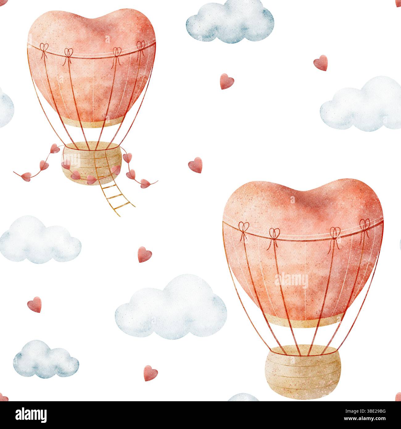 Muster Heißluftballon rosa Herzfliegen, blaue Wolken. Aquarellillustration handgezeichnet im Kinderstil. Nahtloser Druck auf weißem Hintergrund für Stockfoto
