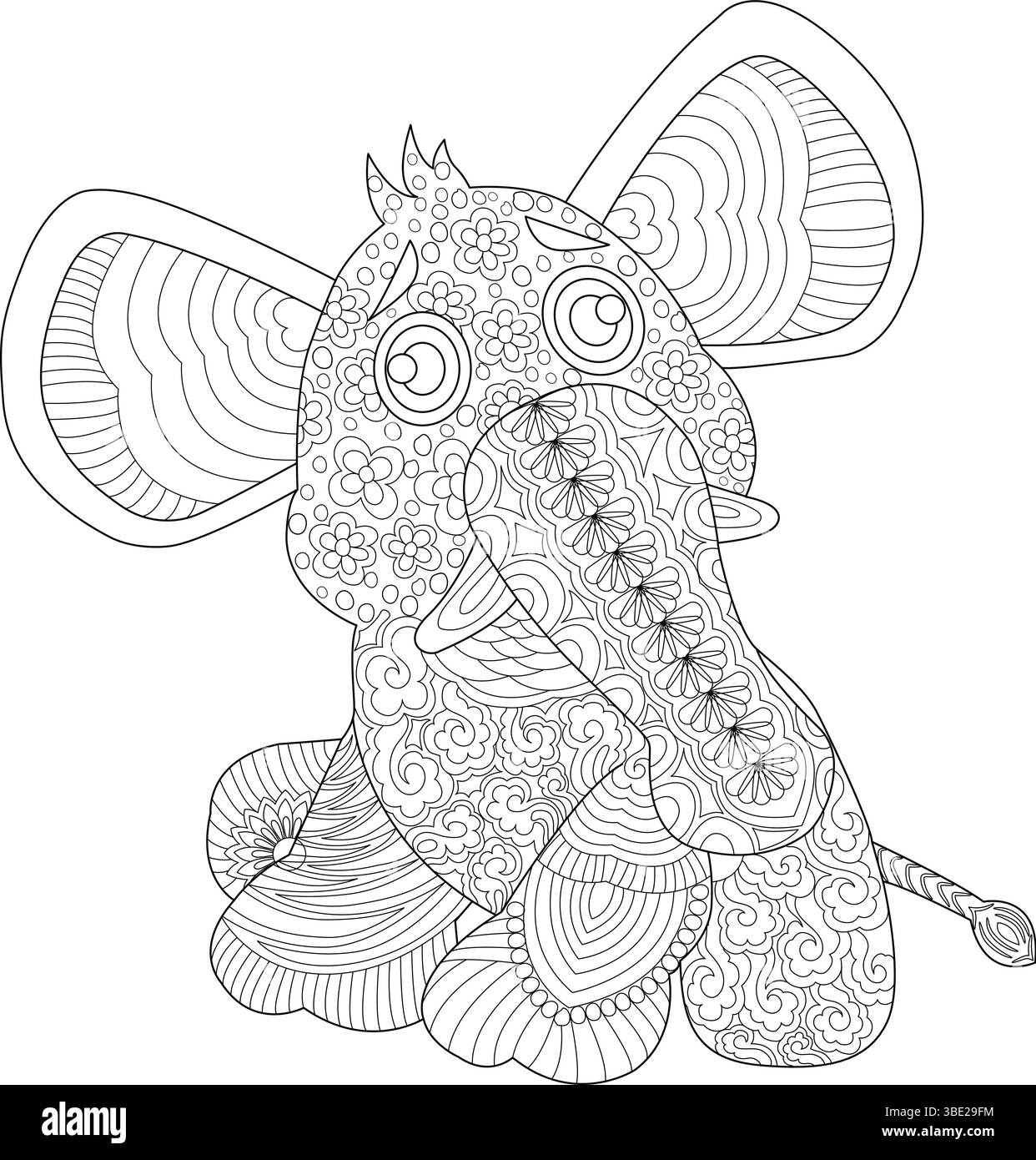 Umrissillustration eines niedlichen Zeichentrickfilms Baby Elefanten, verziert mit komplizierten, detaillierten, von zentangle inspirierten Mustern, perfekt zum Ausmalen von Buchseiten oder Stock Vektor