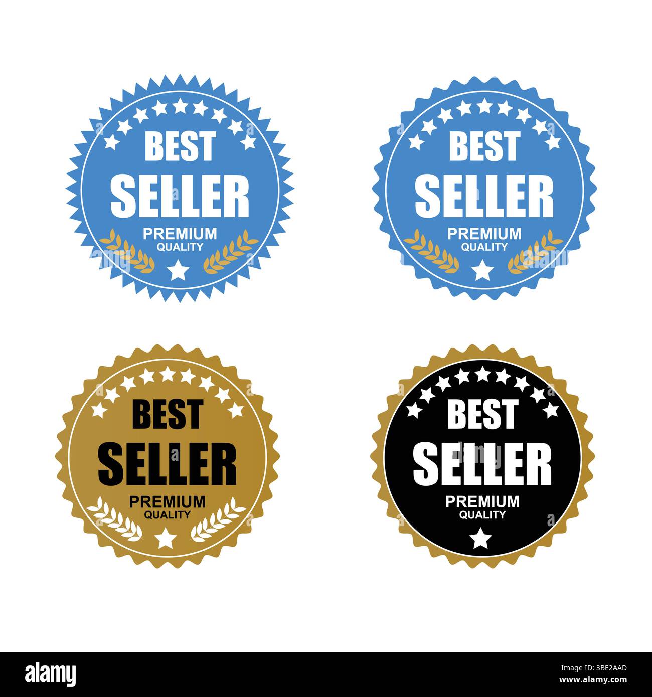 Bestseller Aufkleber Etikett, Gold schwarz Abzeichen glänzende Sterne und Lorbeerkranz Dekoration Vektor isoliert Premium Qualität Text Produkt Bestseller Aufkleber Stock Vektor