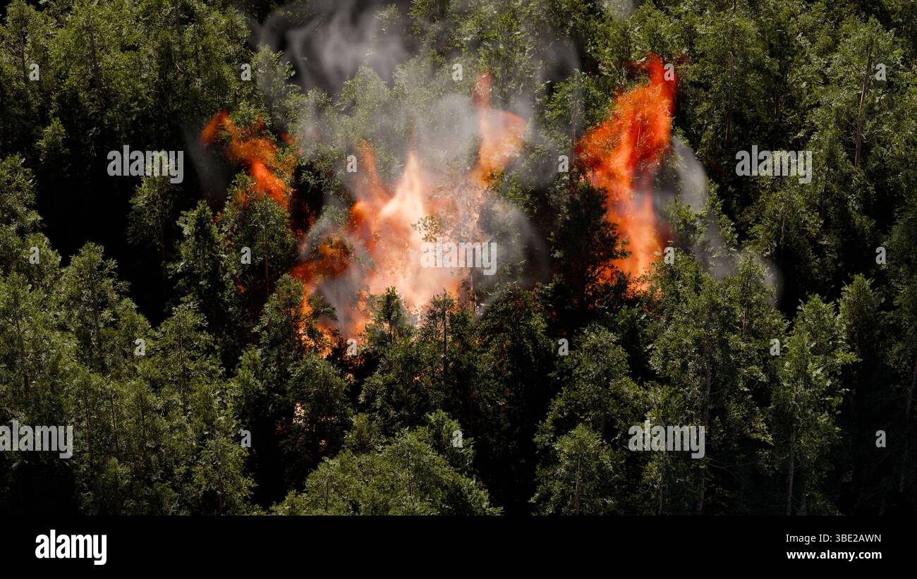 Helle Flammen umhüllen Bäume in einem dichten Wald, während Rauch in die Luft aufbläht. Die Szene fängt die Intensität eines Waldfeuers an einem klaren Tag ein und stellt eine Bedrohung dar Stockfoto