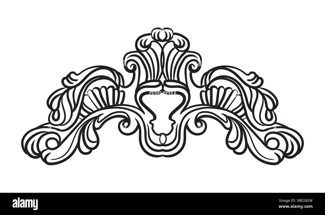 Symmetrische Handzeichnung Barockschmuck, kunstvolles Designelement. Filigrane Damastkunst im Vintage-Stil, Hochzeitsrollengravur im Retro-Muster. Vektorillustraten Stock Vektor