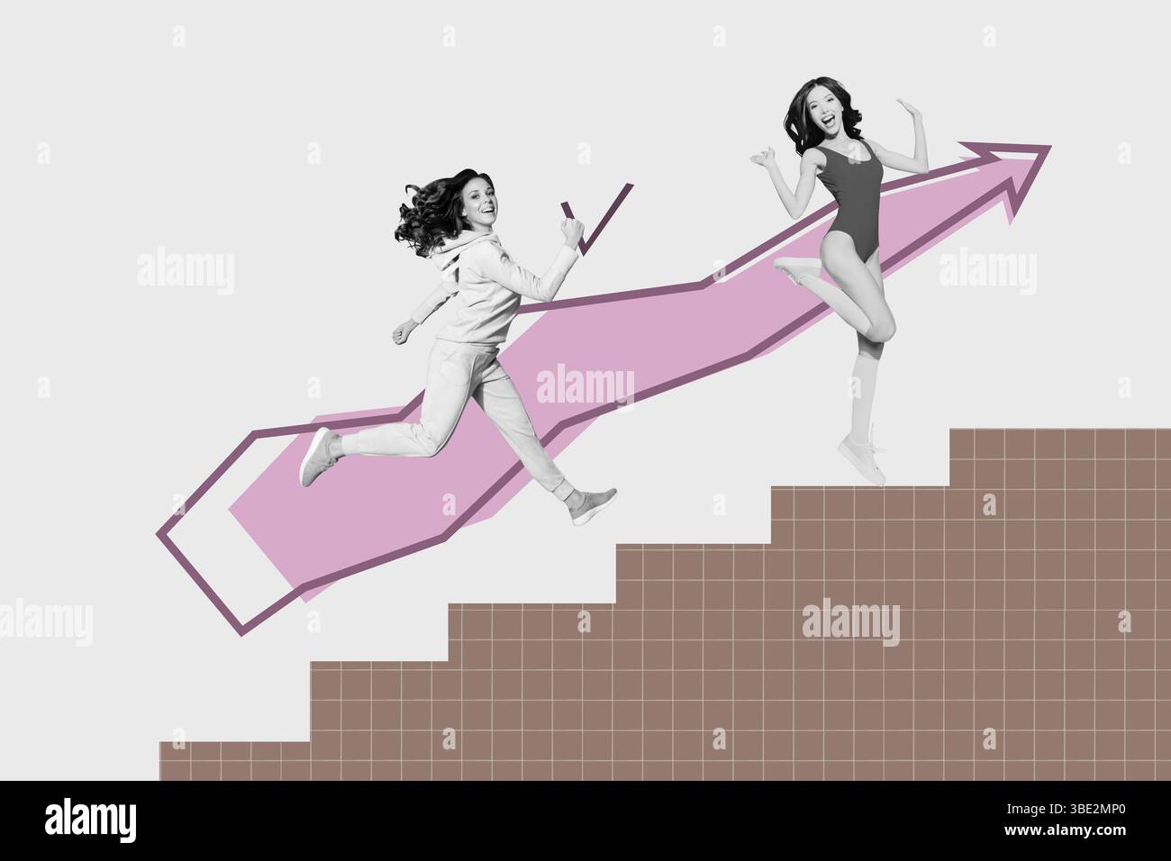 Collage zweier glücklicher Menschen, die Karrieretreppen mit Pfeil klettern, der Erfolg Wachstum und berufliche Leistung symbolisiert Stockfoto