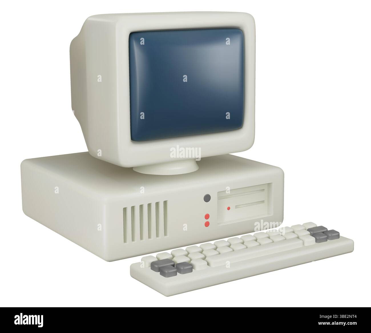 Alte PC-isolierte Vektorillustration. Weißer Vintage-Desktop-PC mit CRT-Monitor und Tastatur auf weißem Hintergrund. Stock Vektor