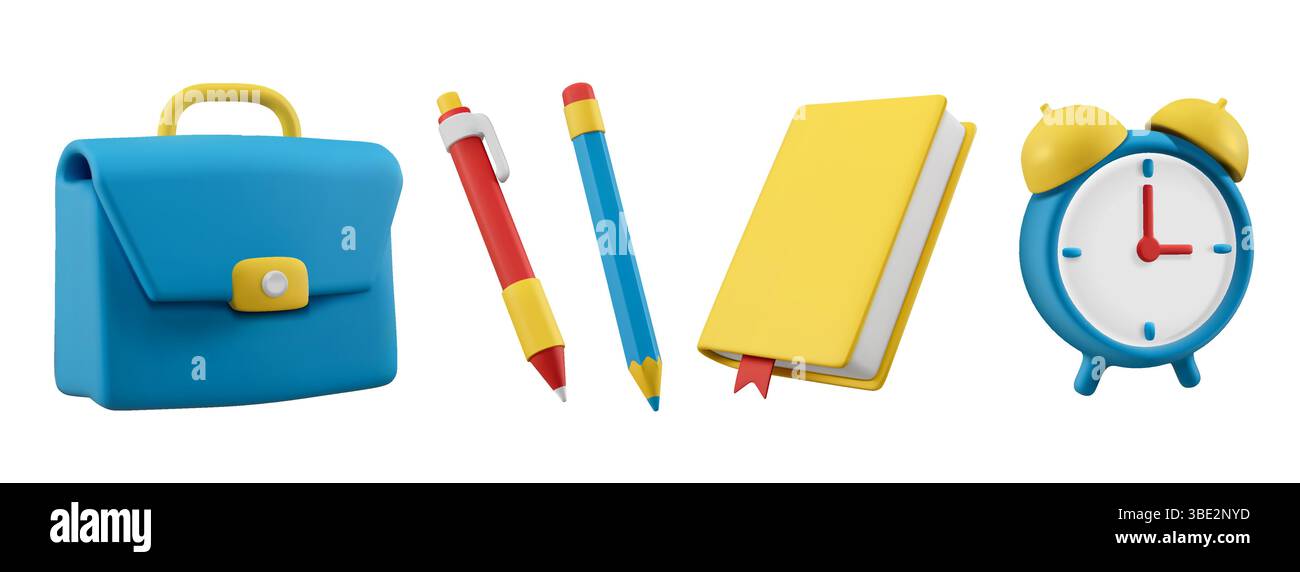 Zurück zur Schule 3D-Vektorsymbole. Stift, Bleistift, Buch, Wecker und Aktentasche sind auf weißem Hintergrund isoliert. Set von Bildungselementen Stock Vektor
