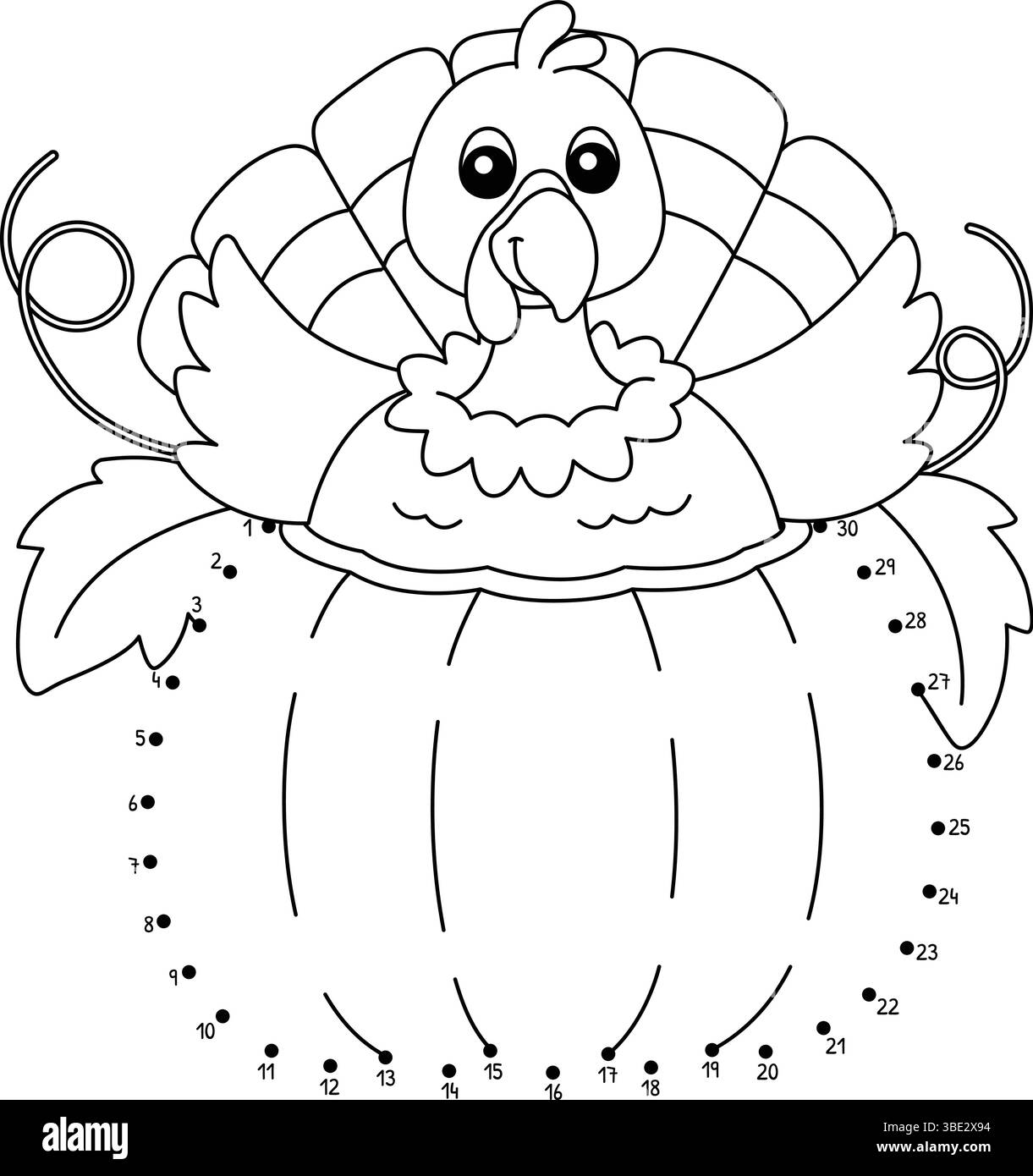 Dot to Dot Truthahn in Kürbis isolierte Färbung Stock Vektor