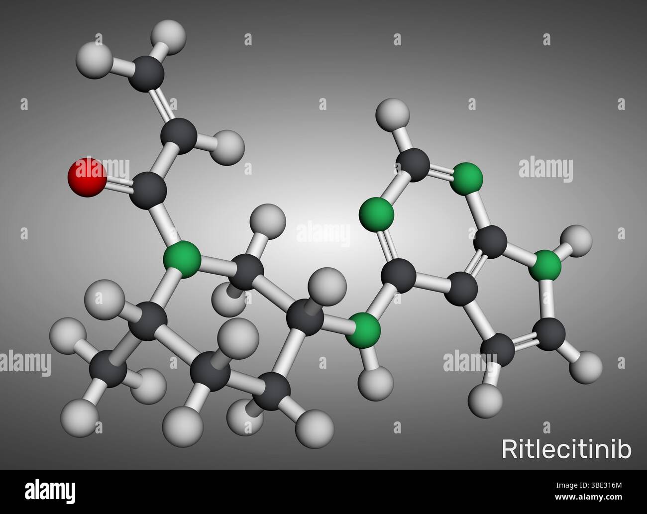 Ritlecitinib-Molekül. JAK3/TEC-Inhibitor zur Behandlung von Alopecia areata. Molekulares Modell. 3D-Rendering. Abbildung Stockfoto