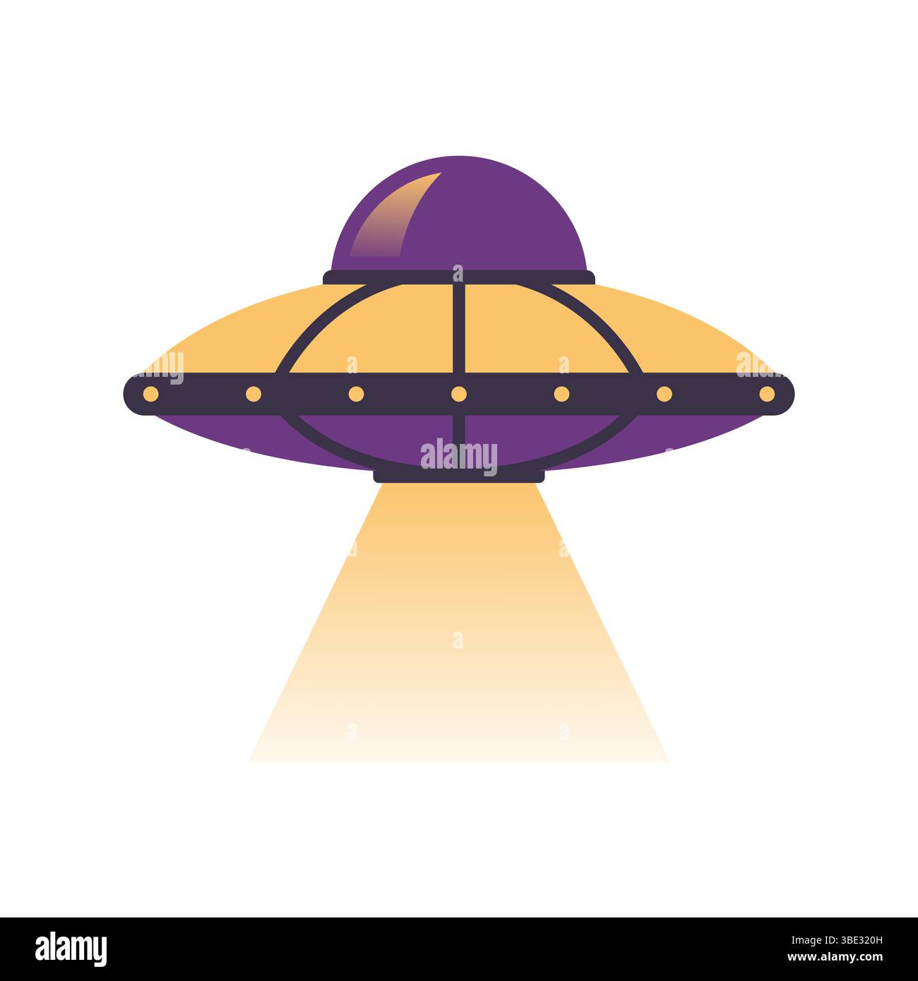 Flache UFO-Illustration isoliert auf weißem Hintergrund. Isoliertes violettes und gelbes UFO auf weiß Stock Vektor