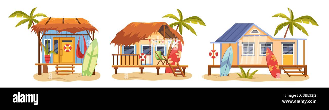 Vektor Surfer Haus Set. Meer- oder Meereshütte oder Bungalow am Meer mit Surfbrett. Sommerhausarchitektur oder Cabana an der Küste im Freien. Urlaub und tropische Urlaub Clipart. Sammlung von tropischen Hütten. Stock Vektor