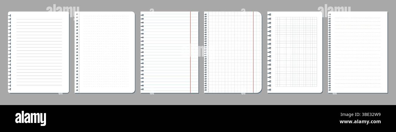 Gerissenes leeres Blatt oder eine leere Seite. Vektorhintergrund für Nachricht. Bürodokument zum Schreiben, Schuljournal Hintergrund. Notizraster oder Memo-Linierung gebunden. Perforiertes realistisches Element für Text. Stock Vektor