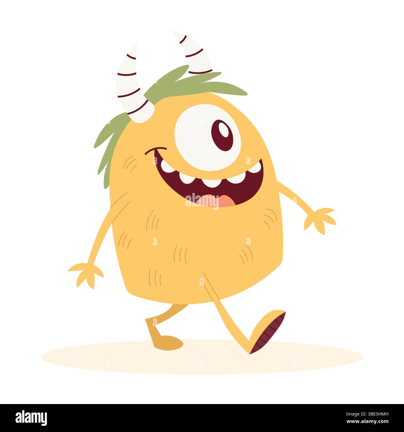 Süßes gelbes Monster mit Hörnern und einem Auge. Vektor-Illustration für Kinder Stock Vektor