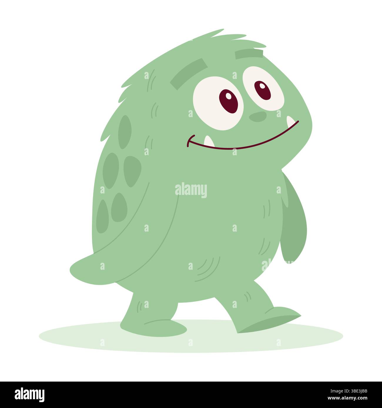 Diese hochauflösende Vektor-Illustration zeigt ein niedliches, abgerundetes grünes Monster mit weicher, pelziger Textur und großen, ausdrucksstarken Augen. Es gibt zwei kleine weiße Te Stock Vektor