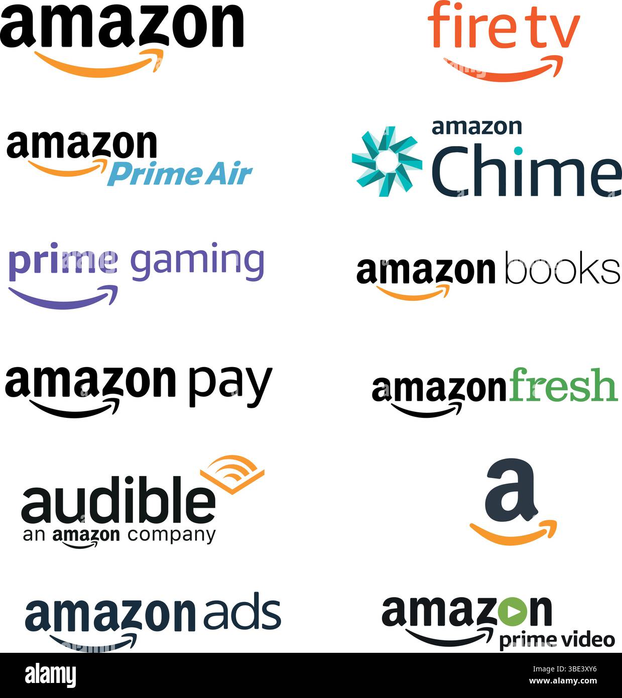 Logos verschiedener Amazon-Dienste, einschließlich Prime, Fire TV und Audible, werden zusammen zur Markenwiedererkennung angezeigt. Stock Vektor
