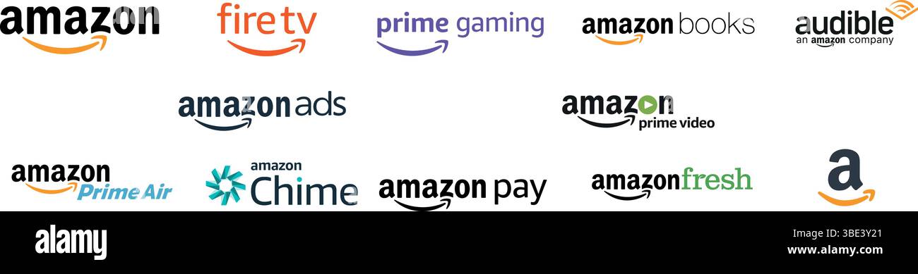 Logos verschiedener Amazon-Dienste, einschließlich Prime, Fire TV und Audible, werden zusammen zur Markenwiedererkennung angezeigt. Stock Vektor
