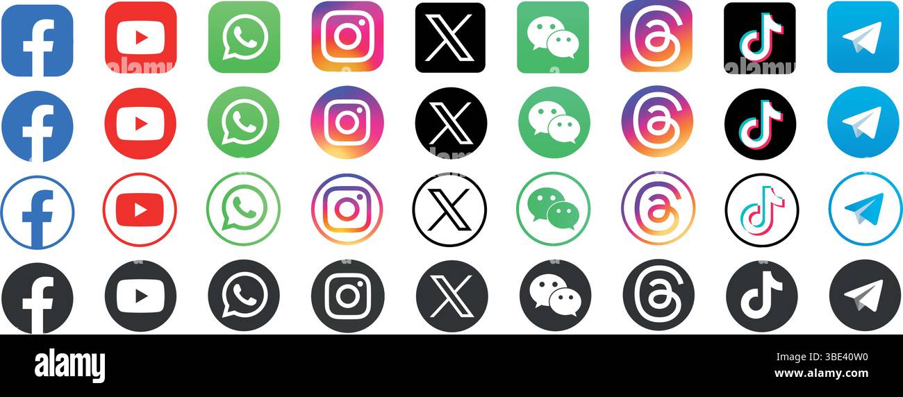 Social-Media-Symbole. Social-Media-Logo , facebook, instagram, youtube, WhatsApp, tiktok, Symbol. Stock Vektor