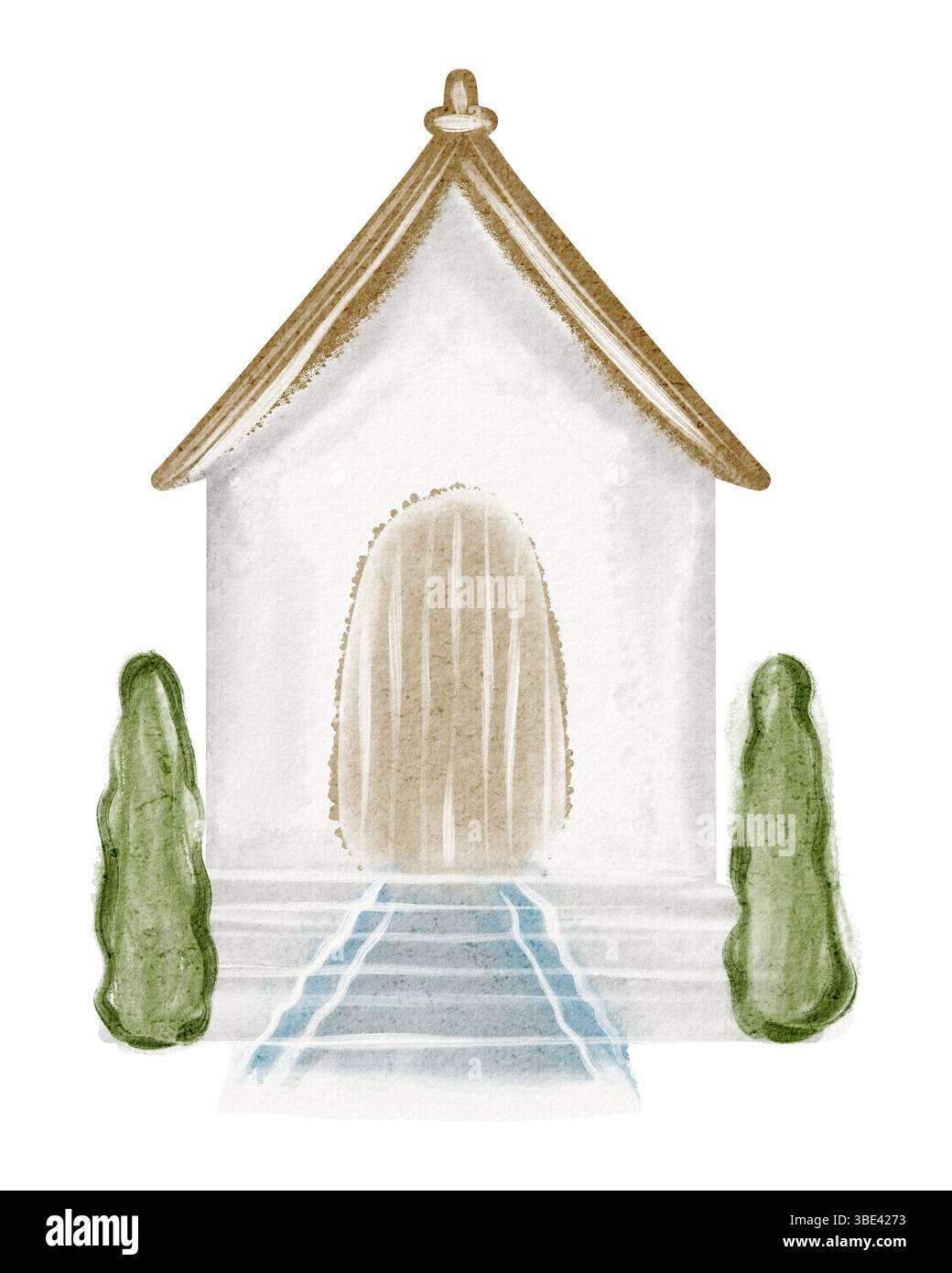 Handgemaltes Aquarell einer kleinen Kapelle auf dem Land. Mit architektonischen Details wie Turm und Kreuz. Geeignet für religiöse, religiöse und religiöse Zwecke Stockfoto