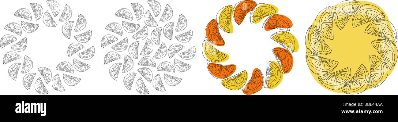 Umreißen Sie handgezeichnete Zitrusscheiben und bunte Punkte, Rahmen und Runde Hintergründe. Isolierte Vektor Illustration Früchte oder gemütliche Herbst Thematische Karte Promo Banner, Faltblätter, Preis, Etikett Stock Vektor