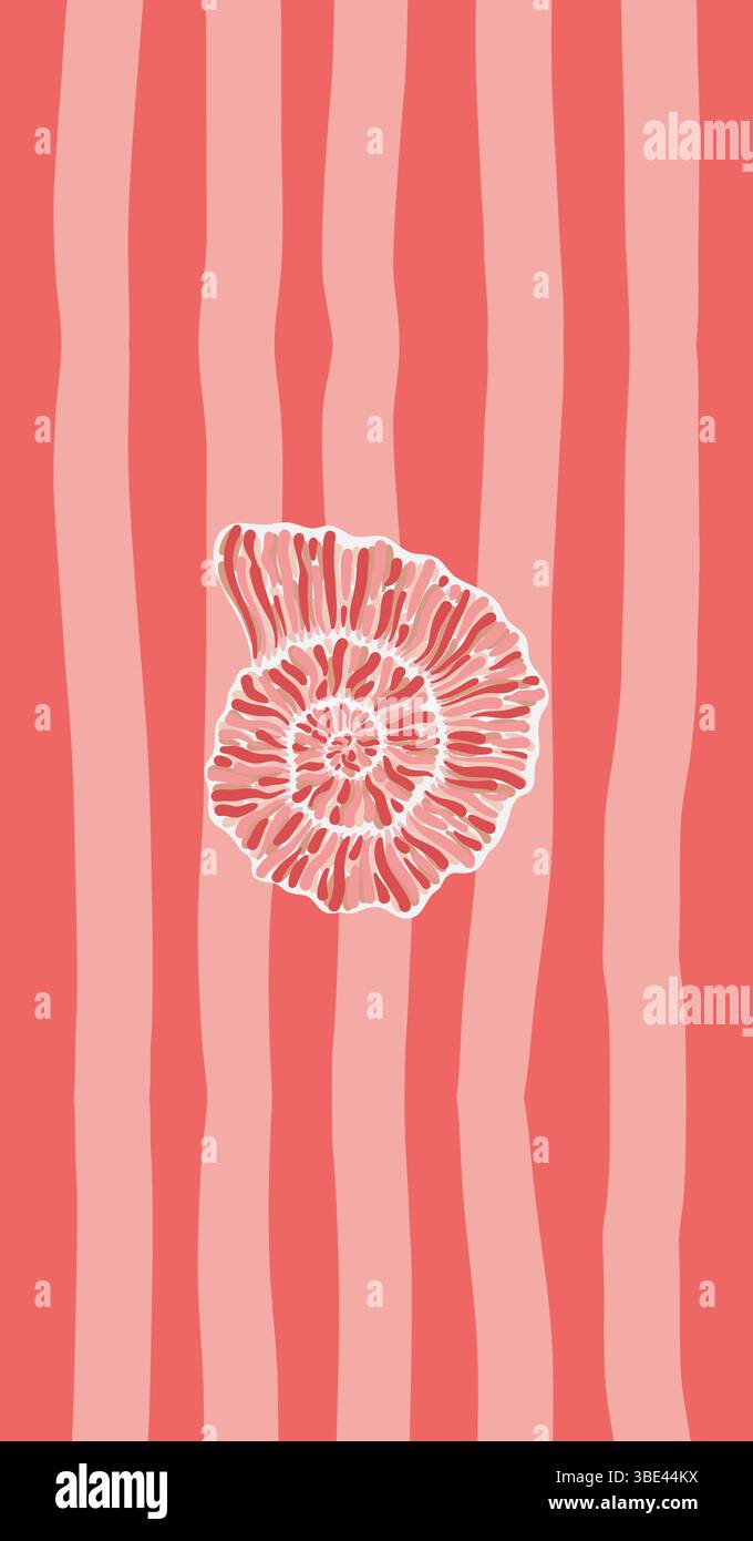 Abstrakte Illustration einer rosafarbenen Muschel auf einem gestreiften Korallendesign für eine moderne, vom Meer inspirierte Ästhetik Stock Vektor