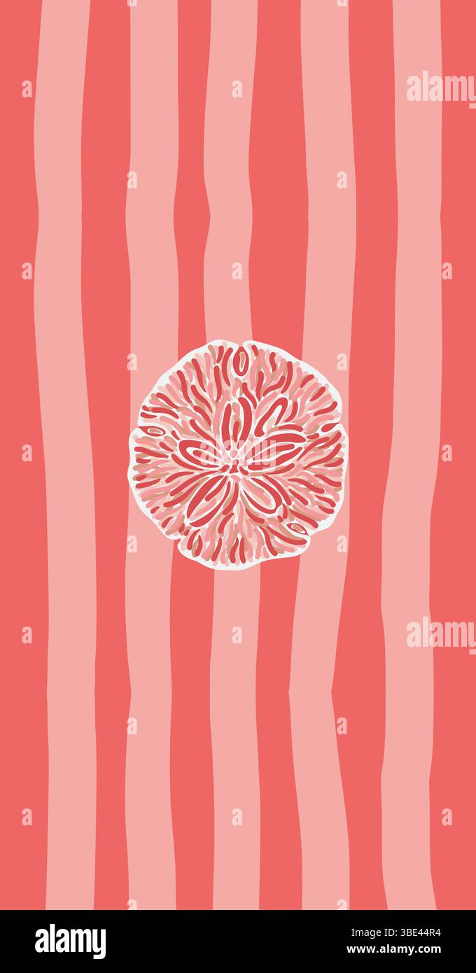 Abstrakte Illustration einer rosafarbenen Muschel auf einem gestreiften Korallendesign für eine moderne, vom Meer inspirierte Ästhetik Stock Vektor