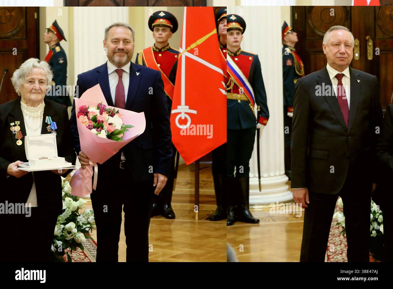 Sankt Petersburg, Russland. Mai 2025. Alexander Beglov, Gouverneur von St. Petersburg (L), Elena Tikhomirova (C), Alexander Belsky, Vorsitzender der Legislativversammlung von St. Petersburg (R) während der Zeremonie der Verleihung von Insignien an Personen, die den Titel Ehrenbürgerin von St. Petersburg im Mariinski-Palast erhalten haben. Quelle: ZUMA Press, Inc./Alamy Live News Stockfoto