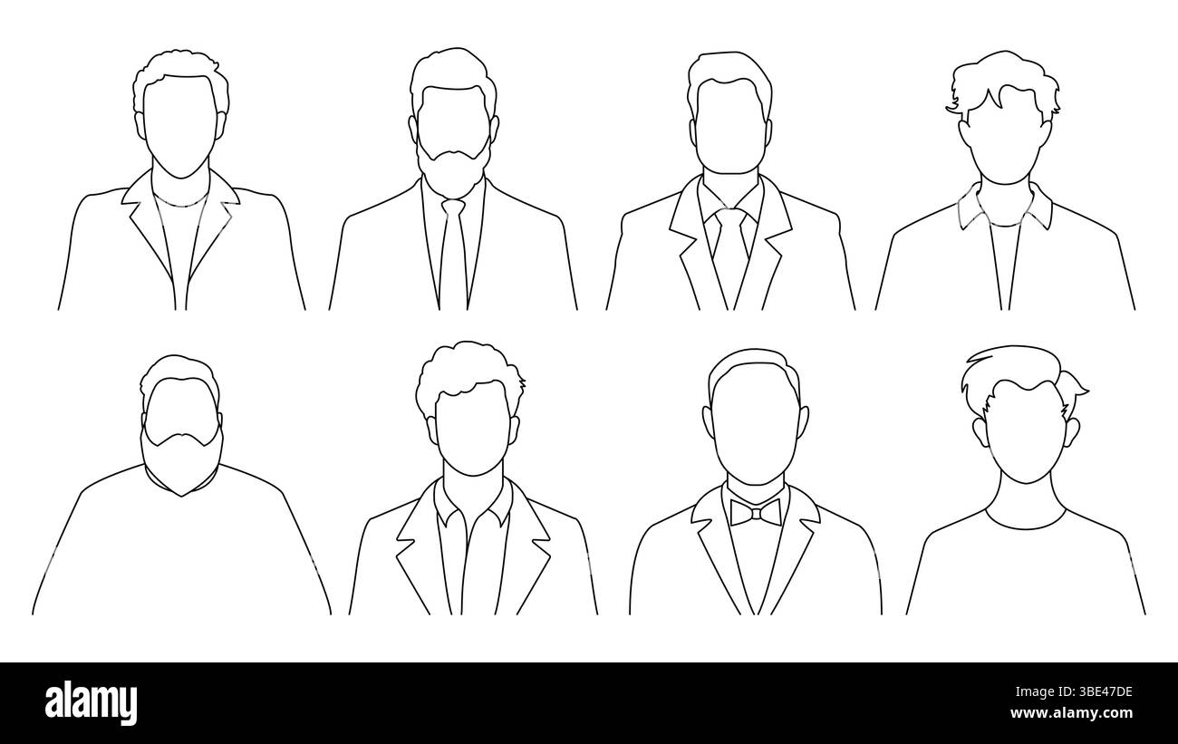 Eine Reihe von Männersilhouetten. Avatar-Bildersammlung für Herren. Eine Umrissdarstellung von Männern in verschiedenen Outfits. Stock Vektor