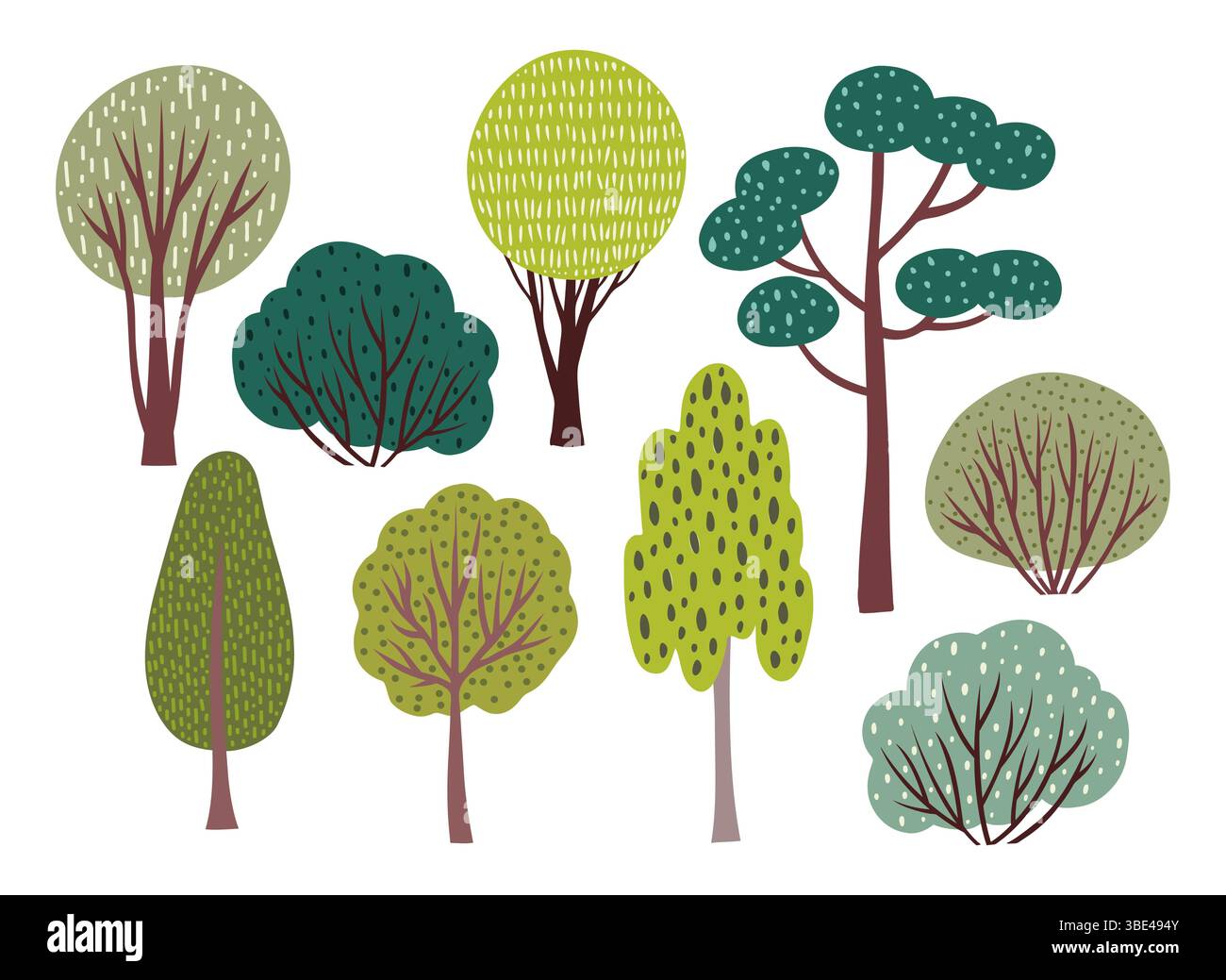 Flache Vektor-Illustration mit einer Sammlung von isolierten Bäumen und Büschen in einem Zeichentrickstil mit handgezeichneten strukturierten Details. Verspielt und farbenfroh Stock Vektor Flache Vektor-Illustration mit einer Sammlung von isolierten Bäumen und Büschen in einem Zeichentrickstil mit handgezeichneten strukturierten Details. Verspielt und farbenfroh Stock Vektor