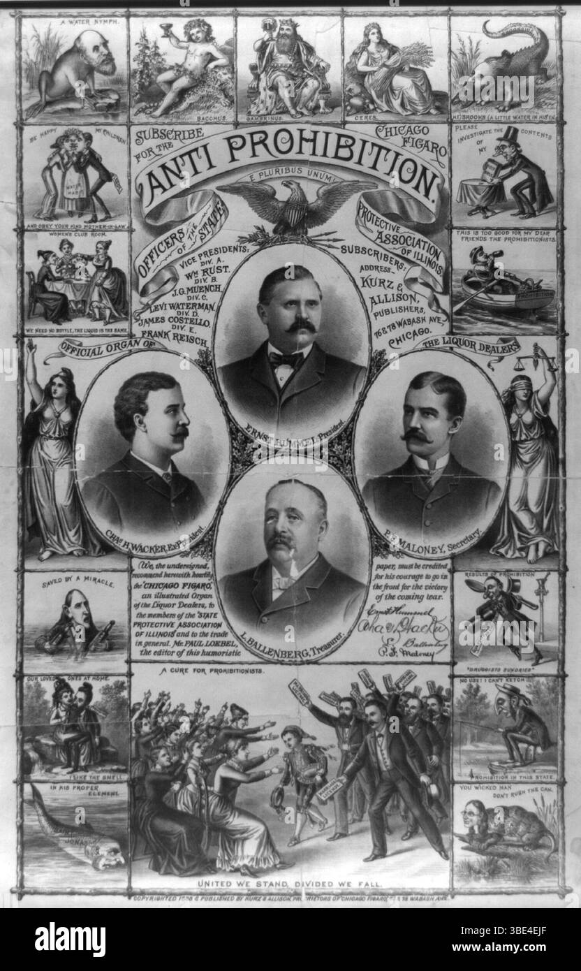 Ein Anti-Prohibition-Poster aus den USA. Zwischen 1920 und 1933 war die Herstellung, der Vertrieb und der Verkauf von Alkohol in den USA illegal, eine Zeit, die als Prohibition bekannt war. Die illegale Alkoholproduktion war eine Boom-Industrie, und jeglicher illegale Alkohol wurde in der Öffentlichkeit beschlagnahmt und zerstört. Stockfoto