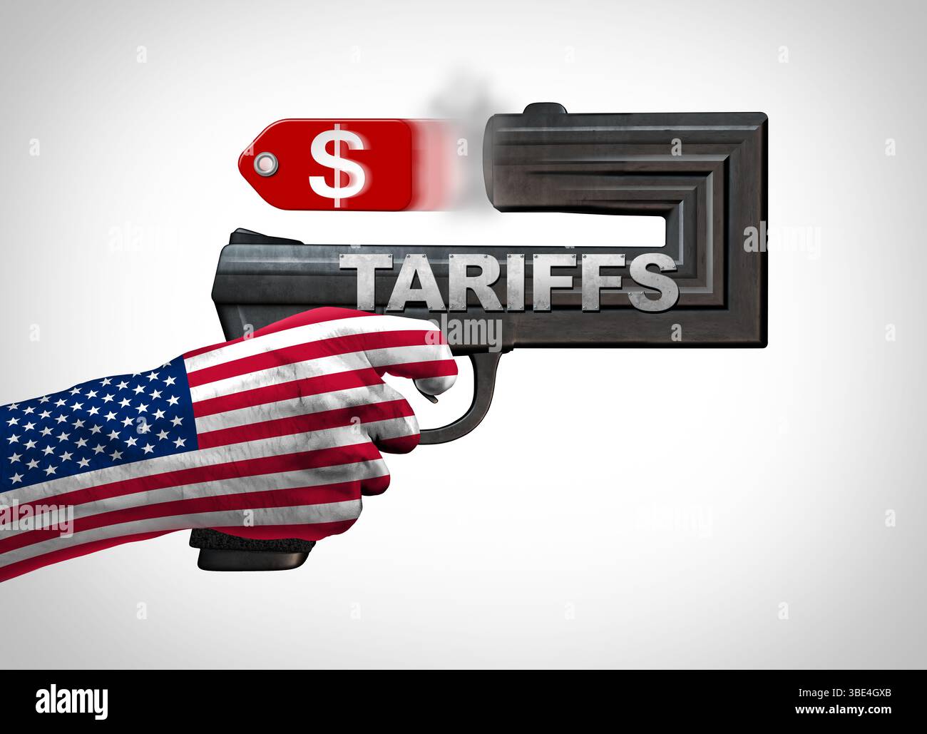 US-Zölle verstehen sich selbst zugefügte amerikanische Wirtschaftskrise als Handelskrieg, der den Vereinigten Staaten als eine verdrehte Waffe, die die US-Zollpolitik AS repräsentiert Stockfoto