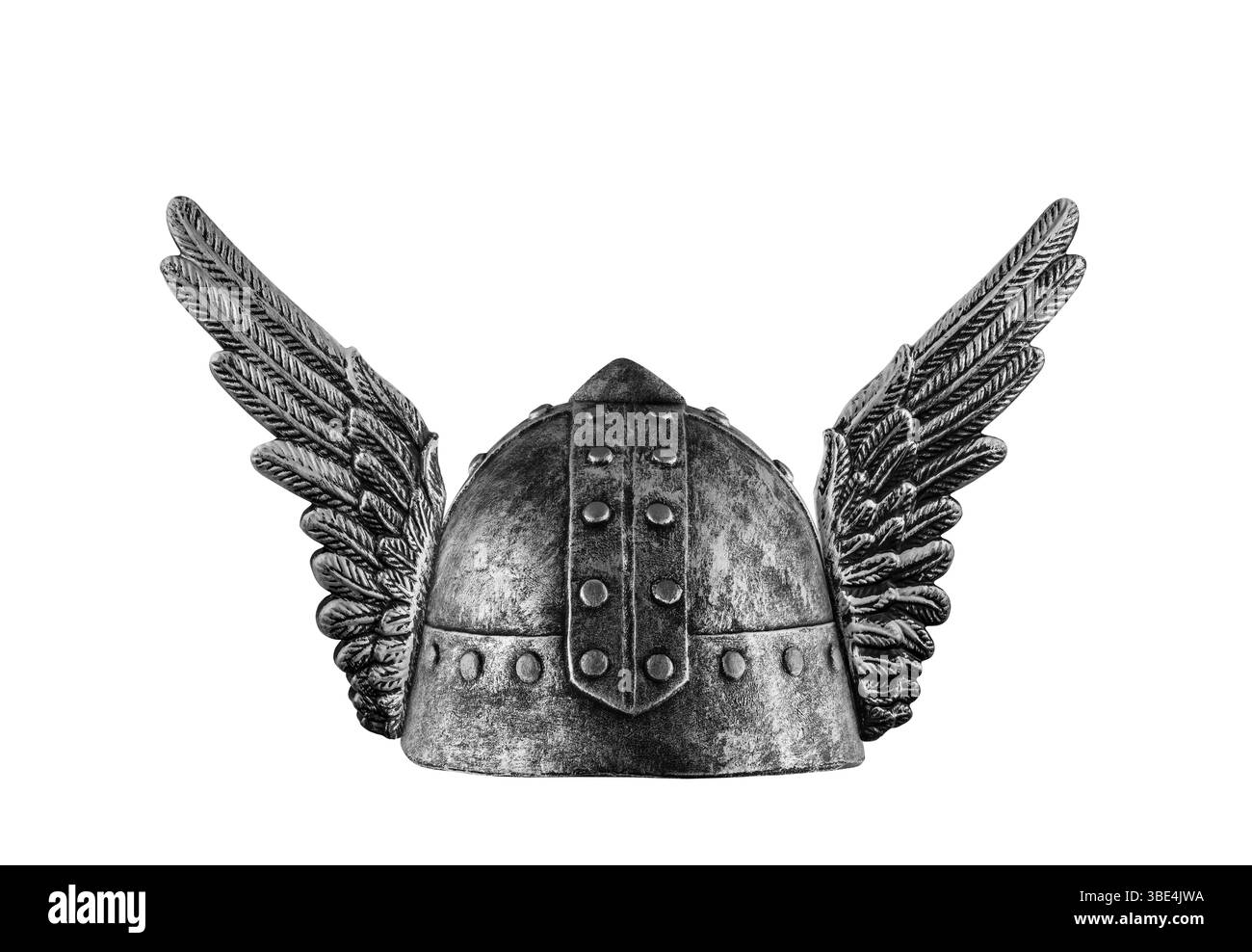 Mittelalterlicher Ritterhelm mit Flügeln isoliert auf weißem Hintergrund Stockfoto