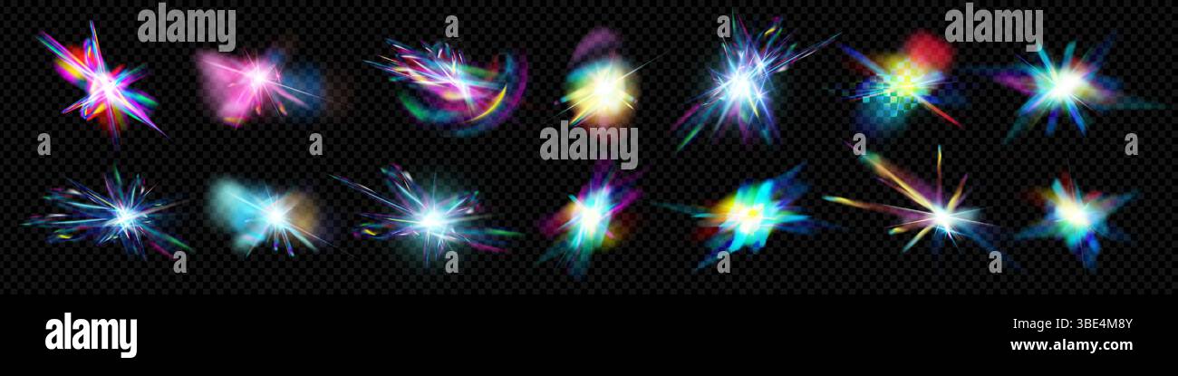 Regenbogenprisma-Lichteffekt mit Kristallglanz und Glasfleck. Schillerndes Funkeln und leuchtendes Spektrum auf transparentem Hintergrund. Abstrakte optische Magie für Fantasy- oder Schmuckthemen. Stock Vektor