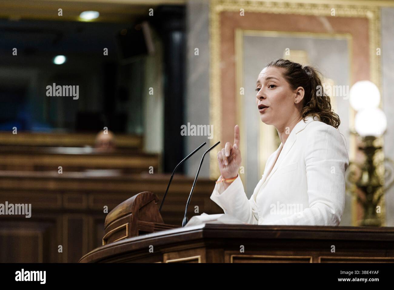 PP deputy Ester Muñoz speaks during a plenary session in the Congress of Deputies, on May 27, 2025, in Madrid (Spain). The plenary session of Congress today debates the non-legislative proposal promoted by the PSOE in which the government is urged to regulate neighborhood associations and to recognize their work in neighborhoods and municipalities by including them as part of municipal policy. 27 MAY 2025 Carlos Luján / Europa Press 05/27/2025 (Europa Press via AP) Stockfoto