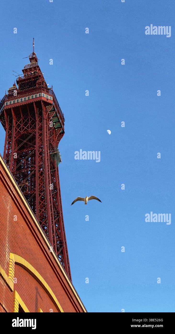 Ein abstraktes Bild des Blackpool Tower mit einer vorbeifliegenden Möwe und dem Mond in einem klaren blauen Himmel Stockfoto
