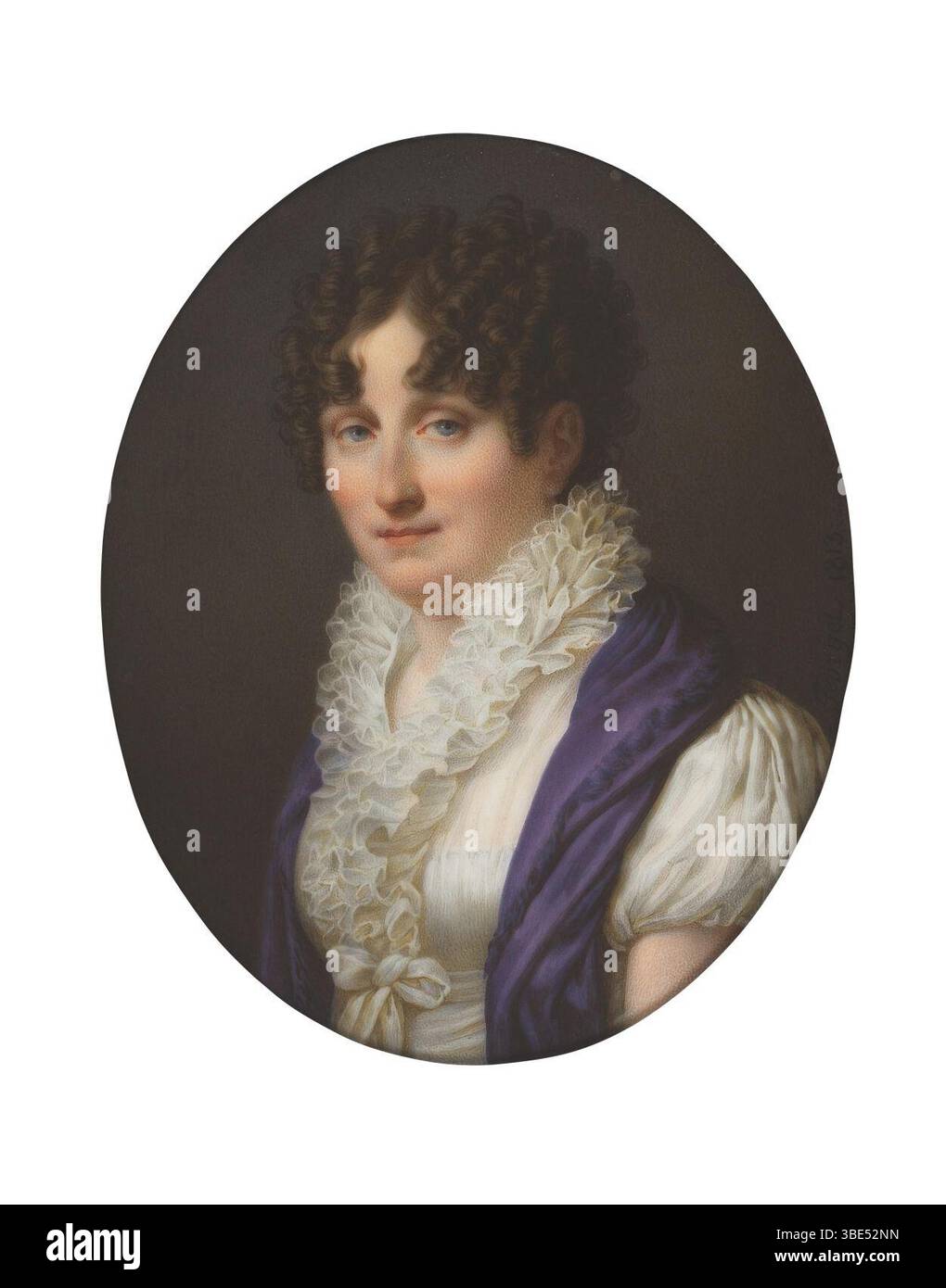 Jean Georget - Eine Dame in weißem Kleid mit Rüschenkragen und einem flaumenfarbenen Schal. Stockfoto