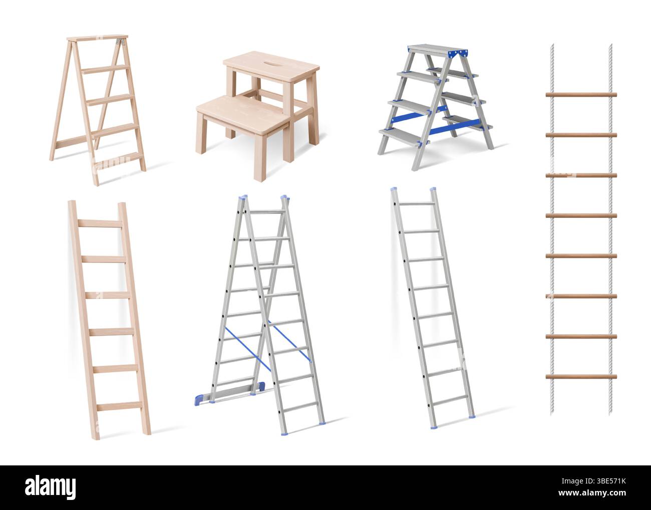 3D-Leiter. Seiltreppe. Trittleiter aus Holz für Wandarbeiten oder Stufenbau aus Metall. Tragbare Holztreppen oder hohe Treppenaufgänge. Gebäudesanierung. Klettern Sie hinauf. Vektorisolierte realistische Sprossen gesetzt Stock Vektor