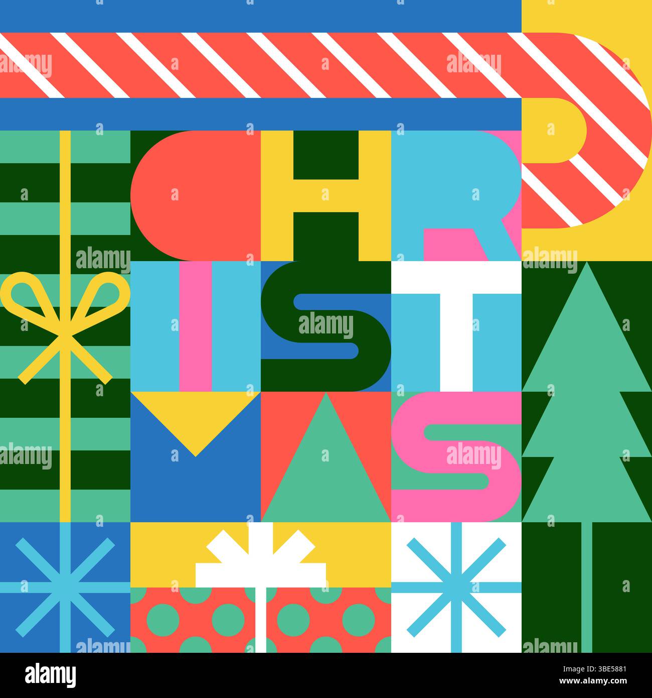 Weihnachtsbeschriftung. Vektor moderne geometrische Illustration des Weihnachtsbaums, Geschenkbox, Zuckerrohr auf mehrfarbigem Hintergrund. Farbblöcke Begrüßung Stock Vektor