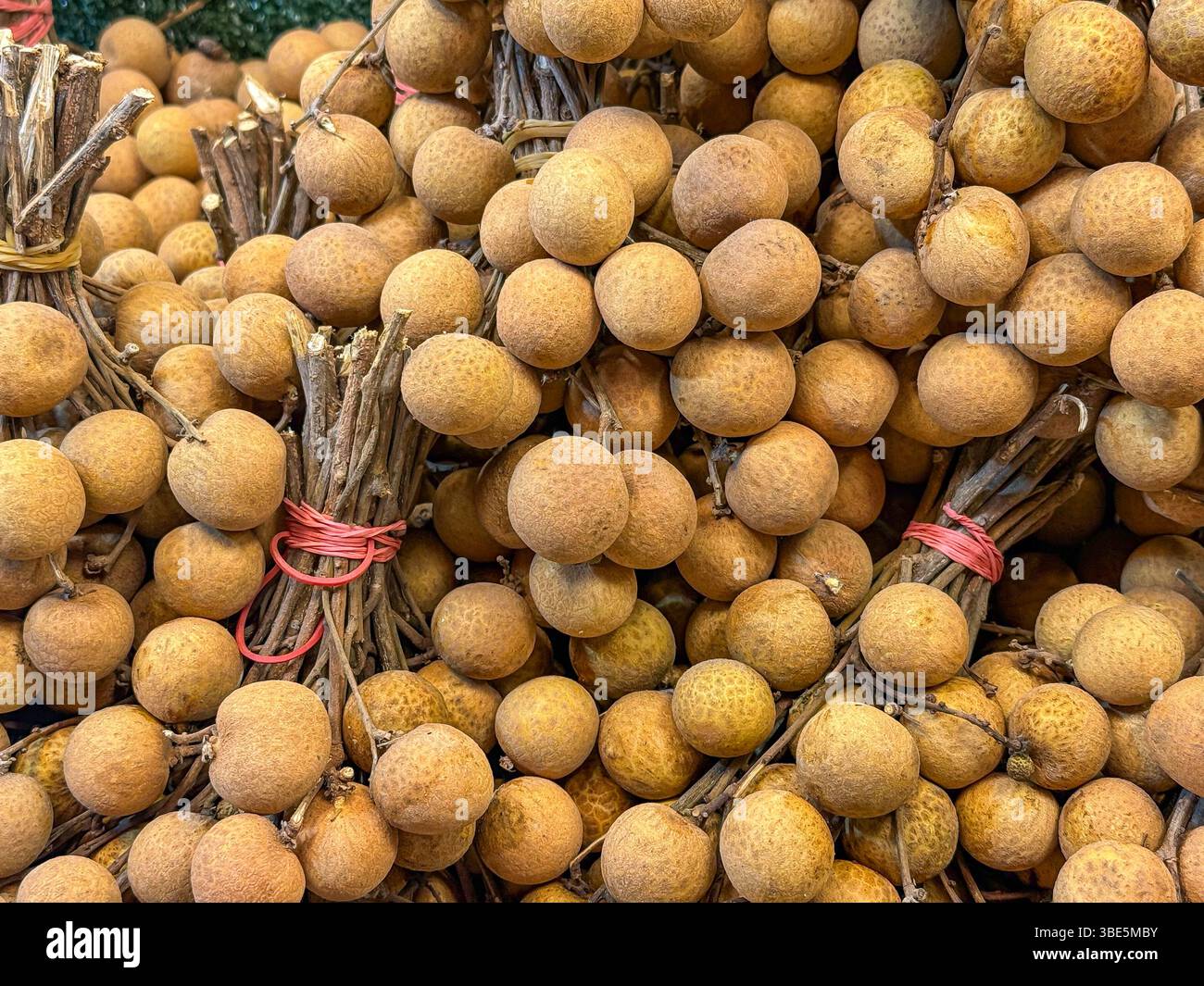 Es gibt reichlich frische Longans, Früchte, die Litschi ähneln, sind ordentlich mit Garn verbunden und auf dem Markt angeordnet. Die hellbraune Haut der Früchte zeigt t Stockfoto