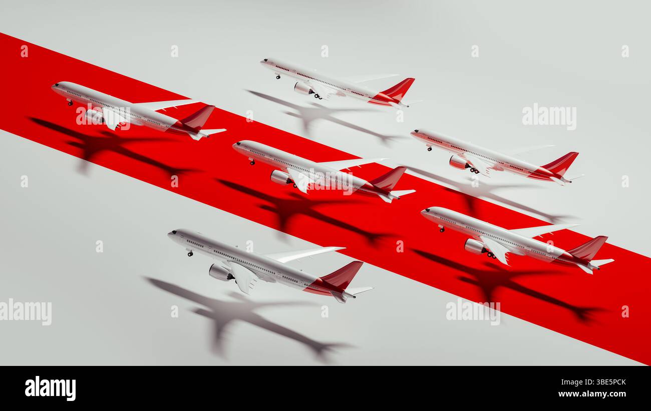 Kommerzielle Flugzeugmodelle sind künstlerisch auf einem kräftigen roten Streifen angeordnet, der verschiedene Winkel in einem dynamischen Layout hervorhebt. Stockfoto