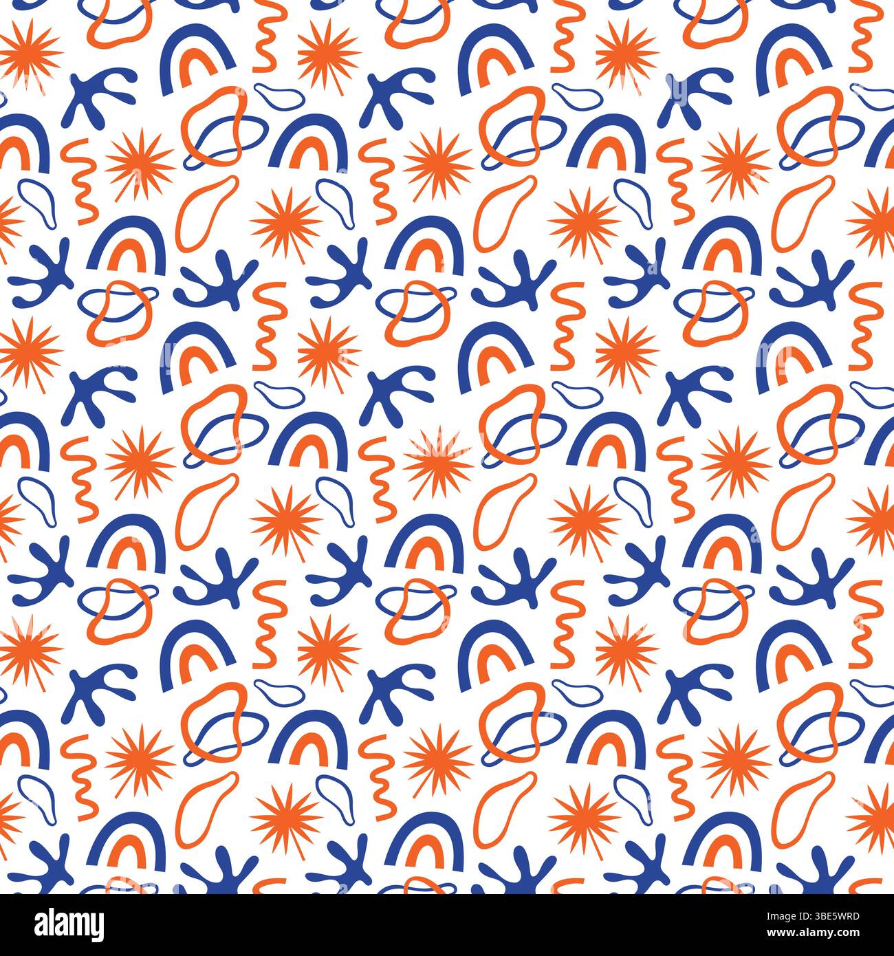 Abstraktes nahtloses Muster mit orangefarbenen und blauen kosmischen Elementen Stock Vektor