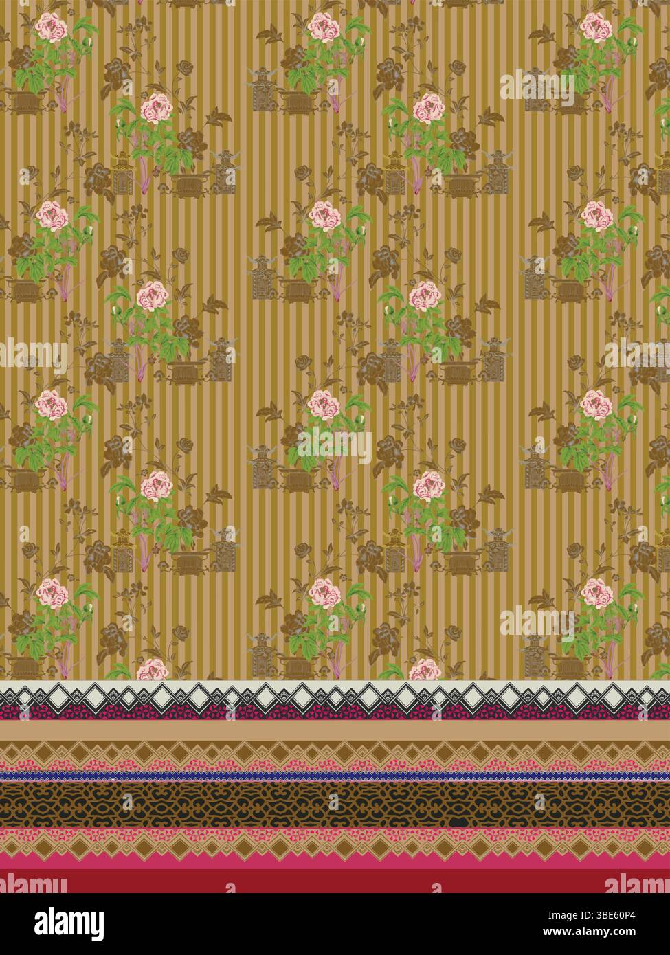 Elegantes, goldfarbenes und rosafarbenes Textildesign mit geometrischem Rand Stock Vektor