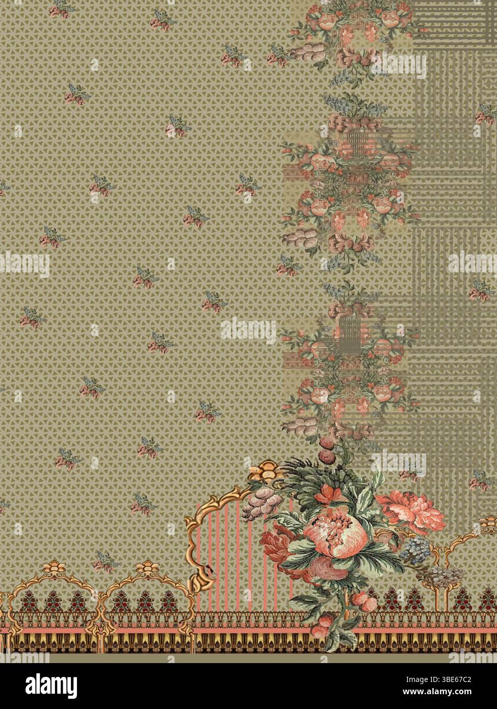 Elegantes florales Textildesign mit verziertem Rand und zartem Muster Stock Vektor