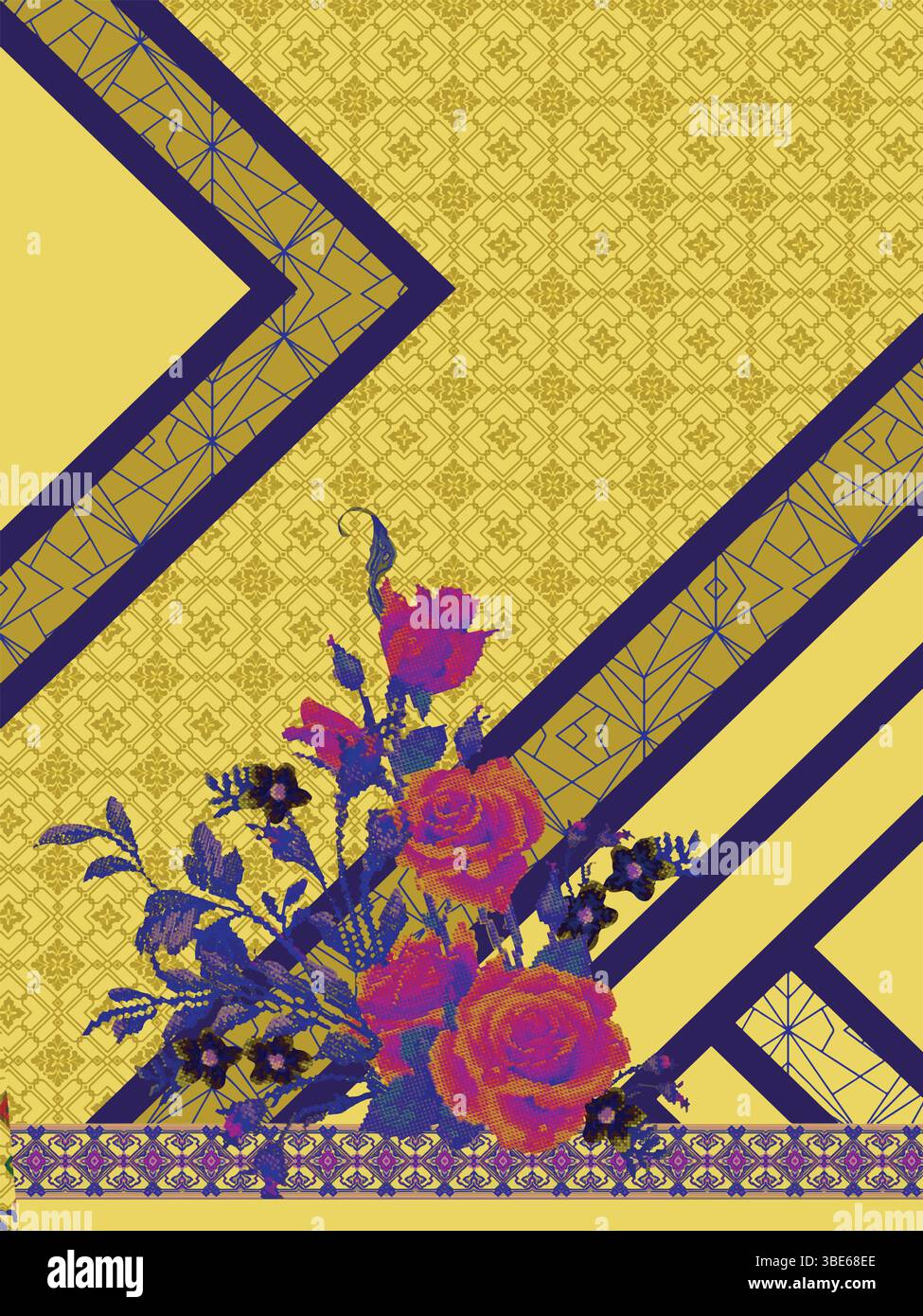 Lebendiges, florales Textildesign mit geometrischem Muster und diagonalen Streifen Stock Vektor
