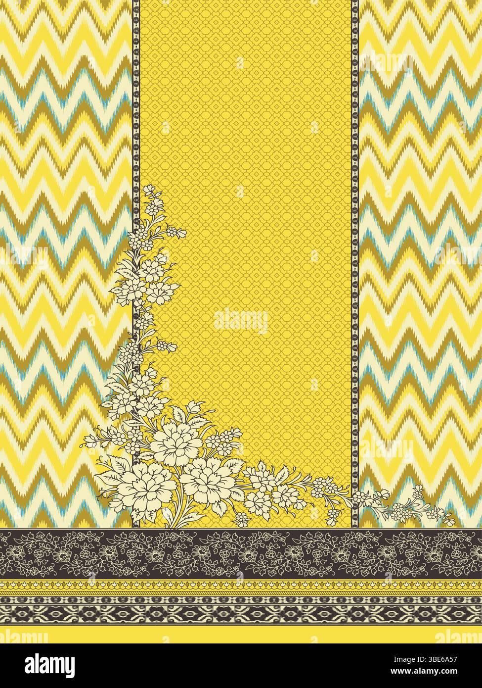 Elegantes gelbes Blumenmuster und Chevron-Textildesign für Kleid oder Stoff Stock Vektor