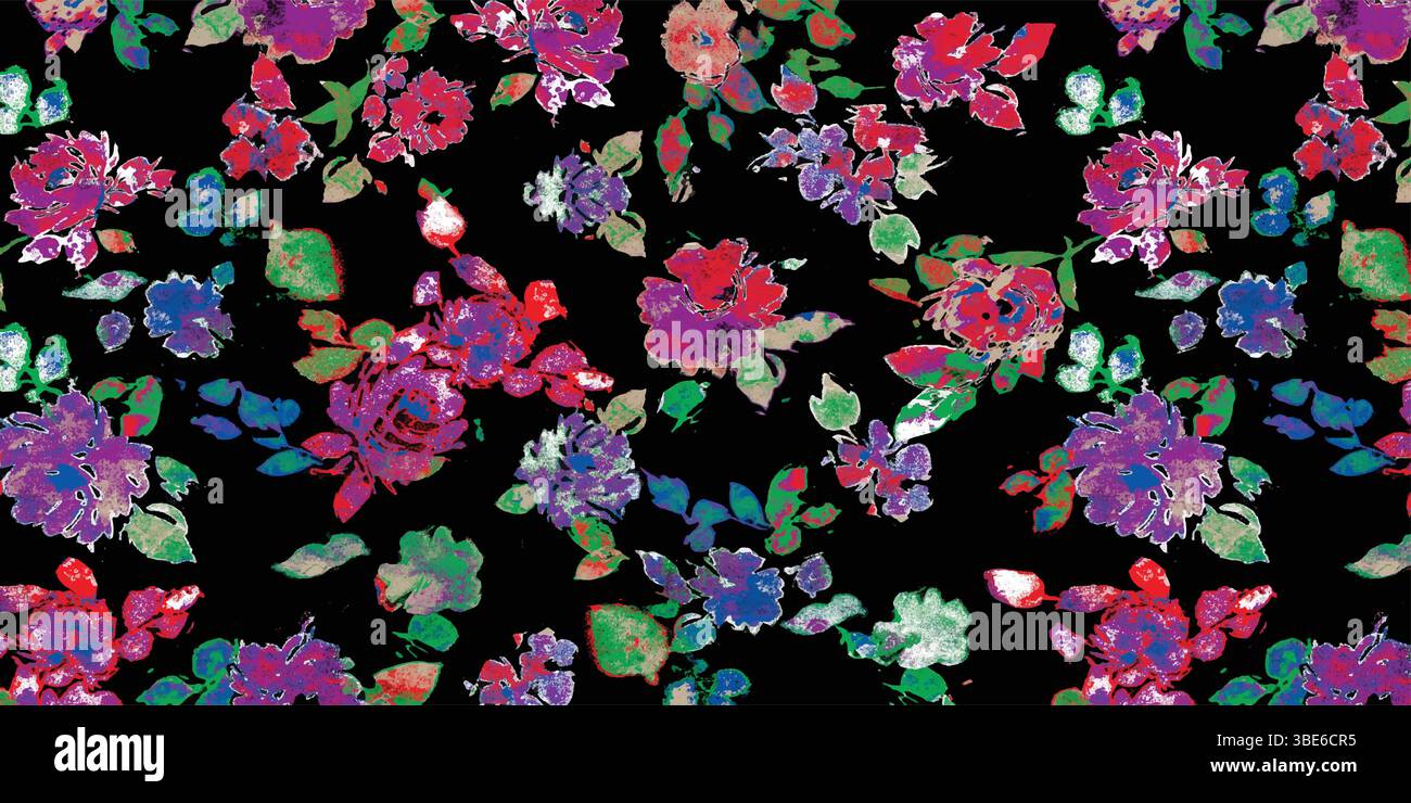 Lebendiges Blumenmuster in Aquarellfarben auf schwarzem Hintergrund ein nahtloses Textildesign Stock Vektor