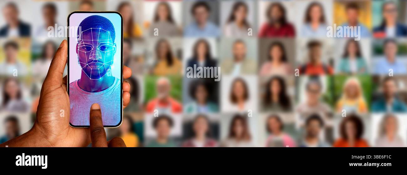 Eine Person verwendet ein Smartphone, um ein Gesicht zur Identifizierung zu scannen Stockfoto