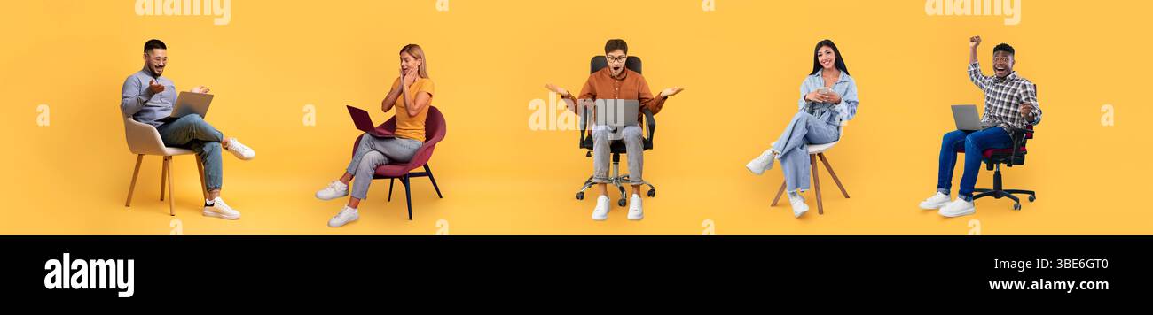 Verschiedene Personen, die vor einem lebendigen Hintergrund Remote-Arbeiten durchführen Stockfoto