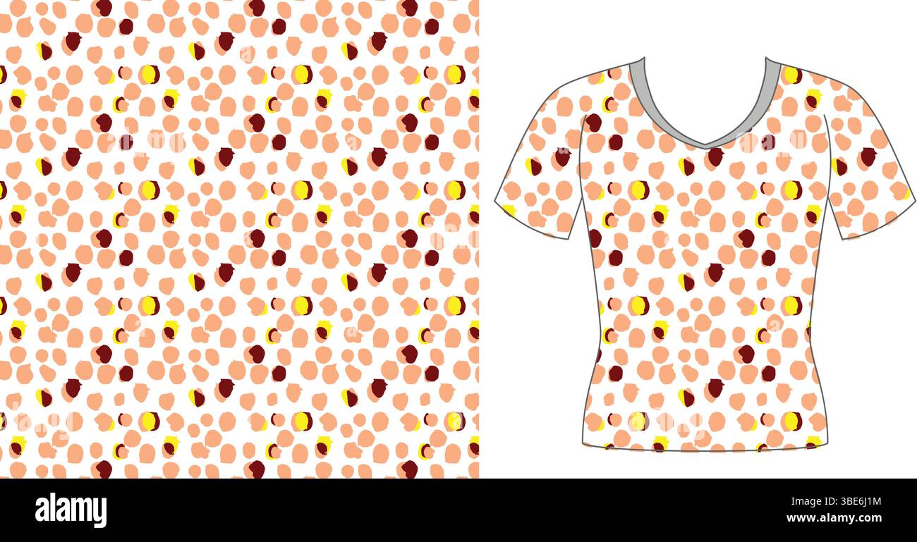 Pfirsichfarbenes und kastanienbraunes abstraktes Punktmuster auf Damen-T-Shirts Stock Vektor